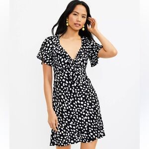 NWT LOFT Dotted Tie Front Flare Dress, Size Small S, Black White